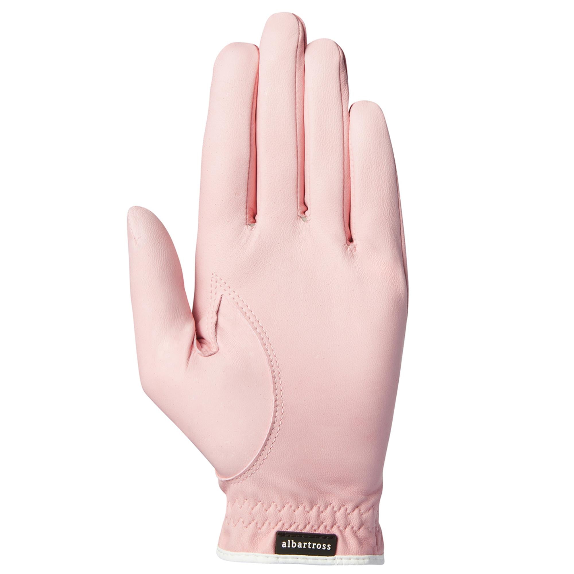 Front view of Royal Albartross Duchess V2 ladies golf glove in pink – luxury women’s golf glove with soft leather and elegant fit